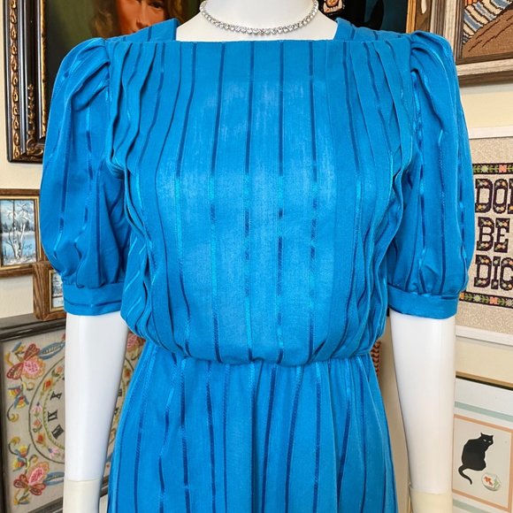 80s Vintage Oops California Blue Striped Knit Short Sleeve Bateau Neck Dress M - Picture 2 of 5